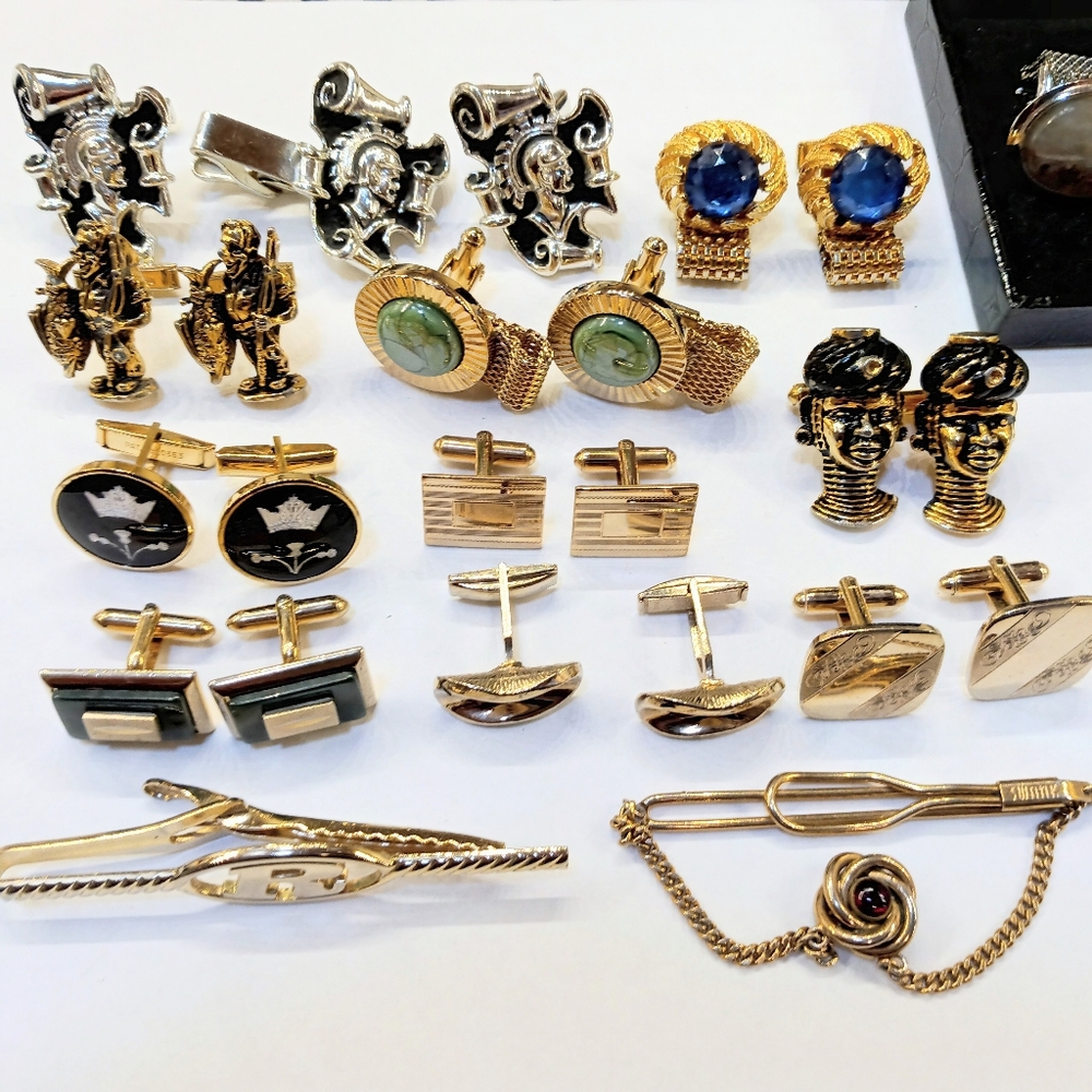 Vintage Men's Cufflinks Tie Clips Lot Guilloche - Fishermen - Knights And More